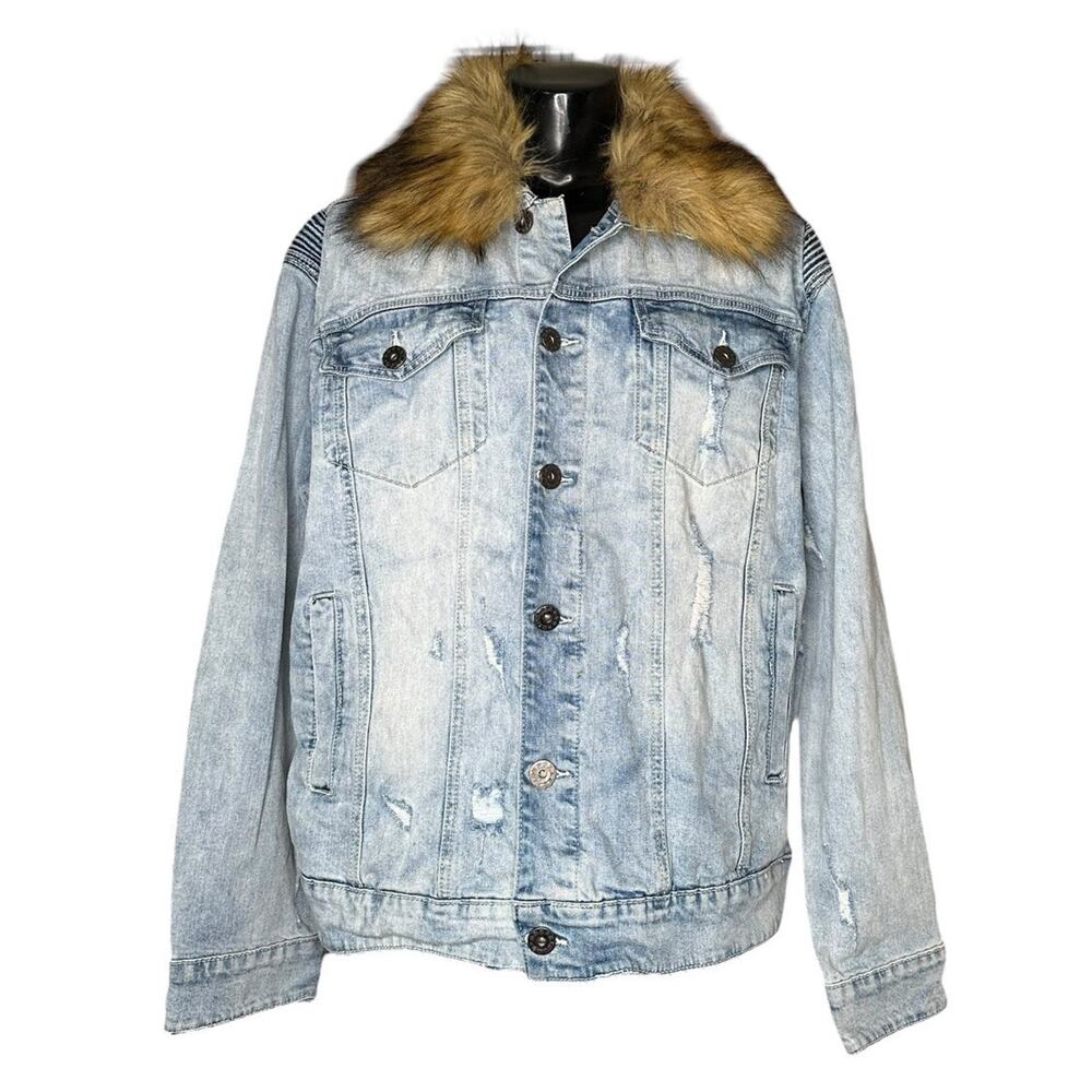 Kloud9 Mens Denim‎ Jean Jacket with Detachable Fur Collar Distressed Stretch 2XL